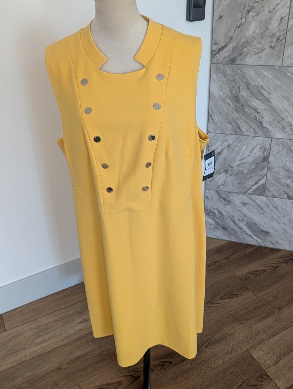 Tommy Hilfiger Sleeveless Yellow Shift Dress with Metallic Buttons